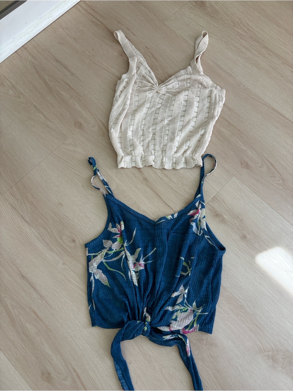 Urban Outfitters Cream Knit V-Neck Tank + Blue Floral Tie-Front Cami Set